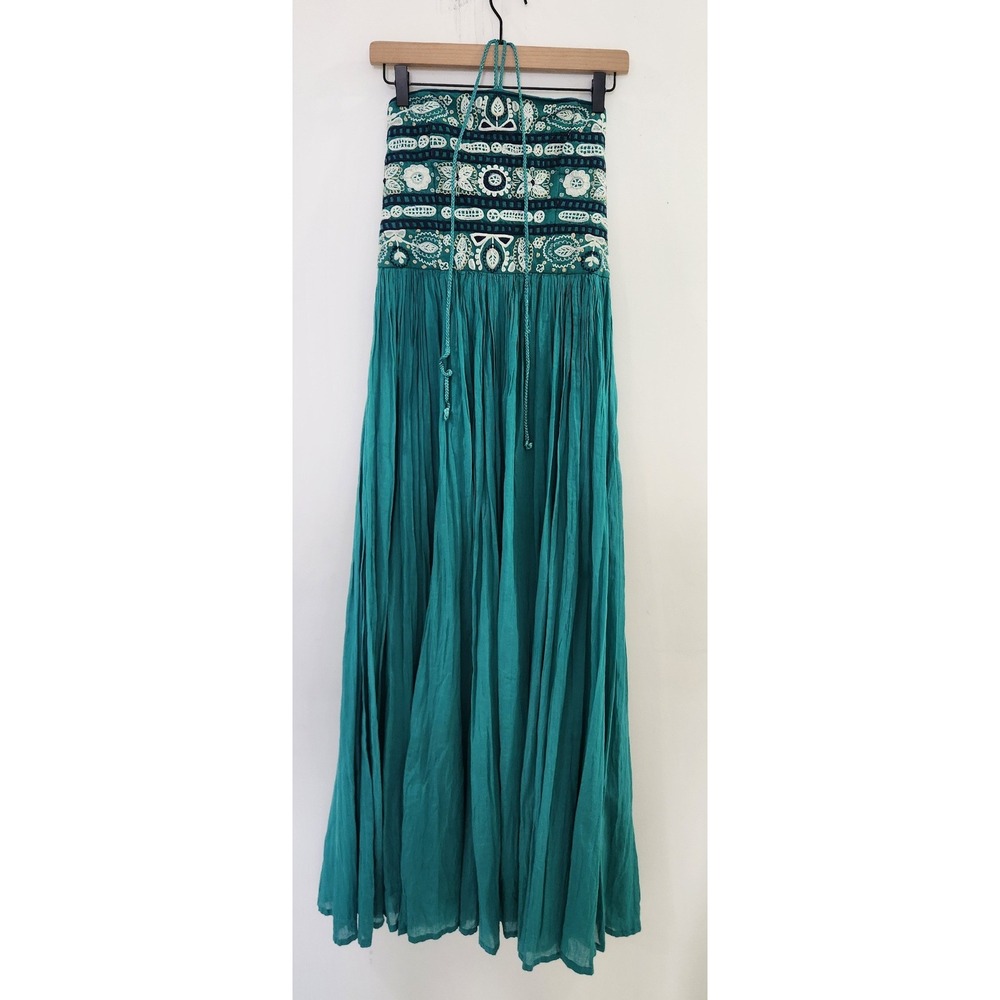 French Connection Teal Embroidered Halter Maxi Dress Cotton Linen Blend Size 6